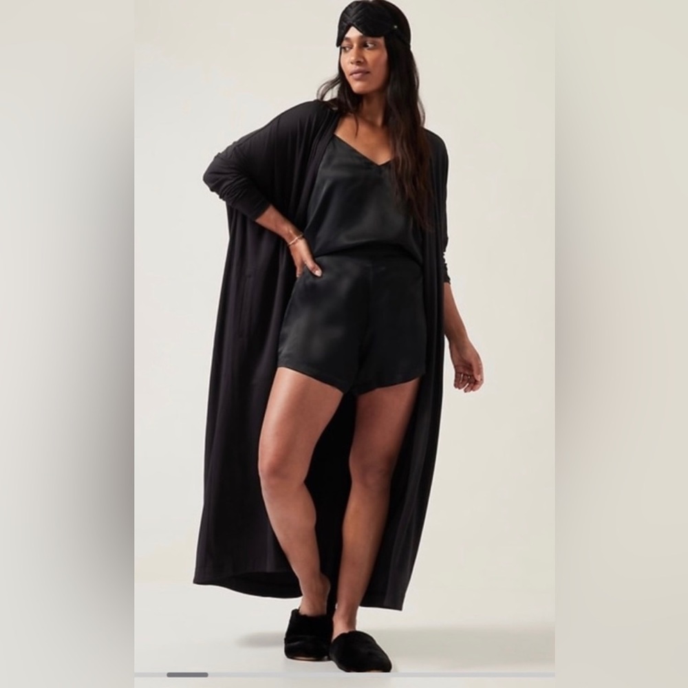 New ATHLETA Modal Full Length Robe Black Long Open Front Pockets S/M NWT $129